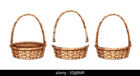 Set di acquerelli con cestello in vimini con manico lungo. Cestino vuoto, manico separato. Contenitore da picnic, borsa artigianale rurale per la composizione del design Foto Stock