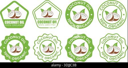 Olio di cocco 100% etichette organiche – icone di badge naturali per prodotti di imballaggio, salute e cura della pelle Illustrazione Vettoriale