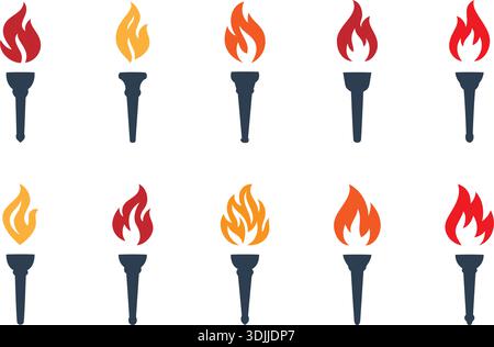 Icone della torcia colorata. Illustrazioni a fiamma vettoriale piatte per giochi, libertà, protesta, cerimonia e celebrazione Illustrazione Vettoriale