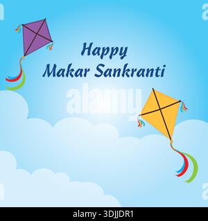 Aquiloni colorati che volano in un cielo blu e il testo "Happy Makar Sankranti", simboleggia la gioia, la celebrazione e il tradizionale festival indiano del raccolto. Illustrazione Vettoriale