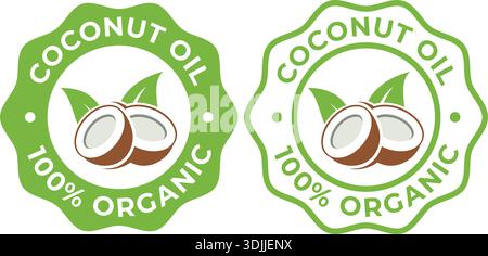 Olio di cocco 100% etichette organiche – icone di badge naturali per prodotti di imballaggio, salute e cura della pelle Illustrazione Vettoriale