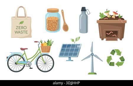 Set di vettori ecologici e di stile di vita senza sprechi. Collezione di icone della vita sostenibile Illustrazione Vettoriale