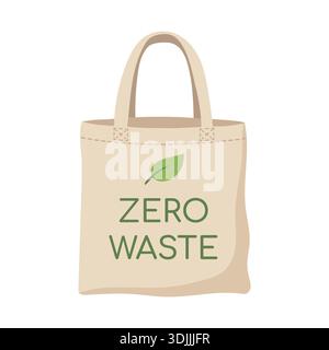 Borsa in tessuto riutilizzabile con cartello "zero rifiuti". Illustrazione vettoriale della shopping bag ecocompatibile Illustrazione Vettoriale