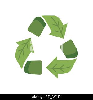 Simbolo di riciclaggio verde con foglie. Icona vettoriale frecce di riciclo triangolari Illustrazione Vettoriale