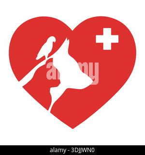Logo illustrativo per clinica veterinaria, applicabile per un negozio di animali domestici. Sagome animali sullo sfondo del cuore Illustrazione Vettoriale