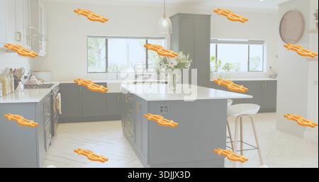 Con cucina a isola con piano di appoggio bianco, cassetti incorporati, vaso in vetro e sgabelli a casa Foto Stock