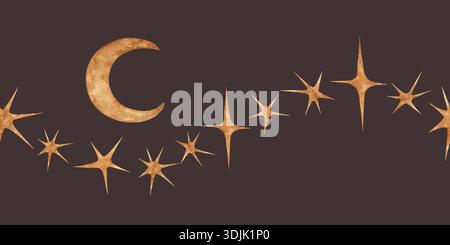 Stelle della luna d'oro bordo senza cuciture magia celeste acquerello con cornice orizzontale dipinta a mano sfondo marrone cioccolato Foto Stock