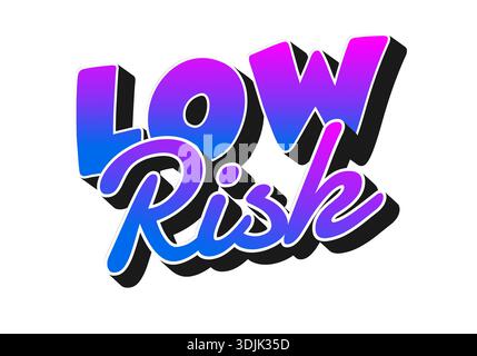 Grafica testuale stilizzata con le parole basso rischio in una sfumatura vibrante di blu e viola con effetto ombra. Illustrazione Vettoriale