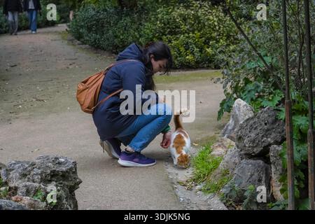 Giardino nazionale di Atene, Εθνικός Κήπος. Una donna con cappotto invernale nutre un gatto tabby bianco e arancione su un sentiero sterrato nello storico parco pubblico. Foto Stock