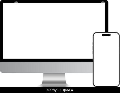 Computer desktop e dispositivo smartphone, modello di ockup con display vuoto per la pubblicità. Illustrazione del vettore di apparecchiature tecnologiche realistiche Illustrazione Vettoriale