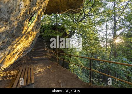 Pietra di battesimo su Bernhardstein al mattino, Svizzera sassone, Sassonia, Germania Foto Stock