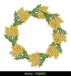 Illustrazione vettoriale di una corona circolare di fiori di mimosa giallo brillante e foglie verdi su sfondo bianco. Illustrazione Vettoriale