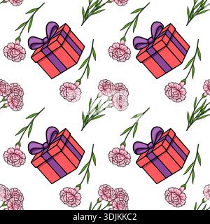 Motivo vettoriale senza cuciture di garofani rosa e confezioni regalo con nastri viola Illustrazione Vettoriale