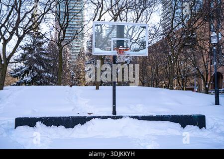 Vista di un canestro da basket coperto di neve in inverno. Foto Stock