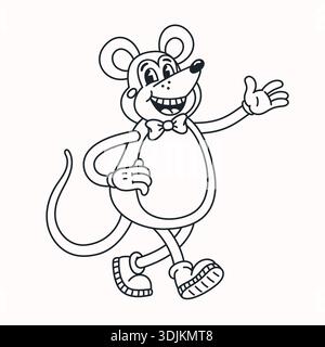 Topolino cartoni animati in stile retrò con viso sorridente, papillon e posa giocosa su sfondo chiaro. Vettore di caratteri del mouse Illustrazione Vettoriale