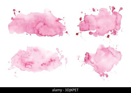 Set spruzzi di colore rosa acquerello. Colorazione acquerello con macchie e gocce d'inchiostro, isolata su sfondo bianco. Illustrazione di schizzi vettoriali Illustrazione Vettoriale