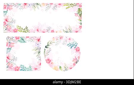 Una serie di bellissime cornici fatte di fiori rosa acquerello. Disegnato a mano. Non ai, illustrazione vettoriale Illustrazione Vettoriale