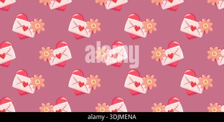 Motivo di San Valentino senza cuciture con lettere d'amore, buste e fiori. Sfondo vettoriale romantico disegnato a mano. Illustrazione Vettoriale
