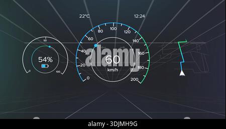 Visualizzazione della velocità centrale 60 km o h sull'HUD del cockpit, batteria al 54%, triangolo di navigazione, 22Â °C, 12:24, wirefram Foto Stock