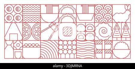 Cucina giapponese, stile Bauhaus geometrico astratto. Piatti giapponesi, motivo vettoriale Bauhaus, stampa cucina giapponese. Stile culinario asiatico con sushi, sake, piatto di riso e frutti di mare di gamberi, spaghetti Illustrazione Vettoriale