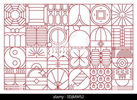 Modello geometrico del capodanno lunare cinese. Elegante design vettoriale con tazza da tè, moneta, fuochi d'artificio, spaghetti, lanterne, scorri, cibo. Motivo rosso per sfondi, cartoline o copertine natalizie Illustrazione Vettoriale