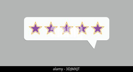Icona di revisione a cinque stelle con stelle viola all'interno bolla vocale su sfondo grigio. Illustrazione Vettoriale