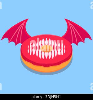 Illustrazione vettoriale piatto Devil Donut with Bat Wings Illustrazione Vettoriale
