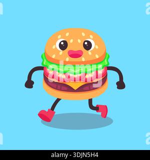 Simpatica illustrazione del personaggio di Running Burger Flat Vector Illustrazione Vettoriale