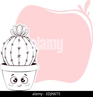 graziosi cactus sorridenti in vaso, faccia amichevole con gli occhi d'occhiolino, contorno disegnato a mano su rosa pastello tenue, spazio per il testo Illustrazione Vettoriale