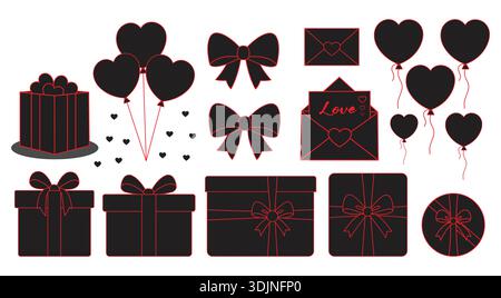Set di elementi regalo Love romantico con palloncini a forma di cuore, buste e confezioni regalo rosa decorative Illustrazione Vettoriale