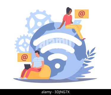 Lavoro a distanza, tecnologie di comunicazione. Transazioni e progetti remoti in tutto il mondo, simbolo WiFi, connettività Internet, accesso remoto online Illustrazione Vettoriale