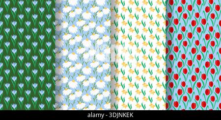 Collezione di motivi senza cuciture con fiori primaverili. Set di sfondi floreali luminosi e colorati. Stampa con gocce di neve, tulipani, narcisi, crochi Illustrazione Vettoriale