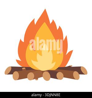 Bruciare il fuoco con la legna, falò. Illustrazione vettoriale cartoni animati. Concetto di attività ricreative all'aperto, viaggi ed escursioni. Illustrazione Vettoriale