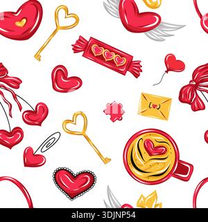 San Valentino motivo vettoriale senza cuciture con cuori rossi, chiavi, caramelle, tazze da caffè, ciliegia, buste, cuori e ali Illustrazione Vettoriale