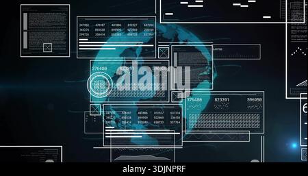 Globo 3D ciano stilizzato rotante che visualizza pannelli HUD fluttuanti su un vuoto scuro, letture numeriche Foto Stock