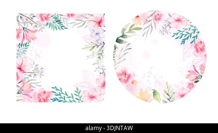 Una serie di bellissime cornici fatte di fiori rosa acquerello. Disegnato a mano. Non ai, illustrazione vettoriale Illustrazione Vettoriale