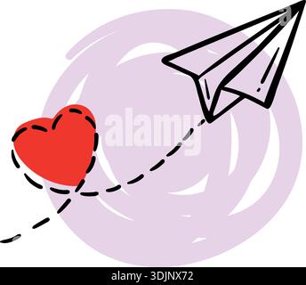 Aereo di carta che vola con cuore rosso e tratteggiato tratteggiato, messaggio d'amore e concetto di relazione a lunga distanza, scarabocchio disegnato a mano. Illustrazione Vettoriale