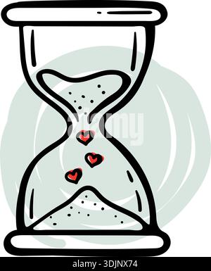 Clessidra con cuori rossi che cadono al posto della sabbia, relazione a lunga distanza e in attesa del concetto d'amore, scarabocchio disegnato a mano. Illustrazione Vettoriale