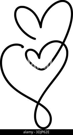 Disegno con linee nere con due cuori vettoriali sovrapposti. Simboleggiando la partnership e la connessione affettiva Illustrazione Vettoriale
