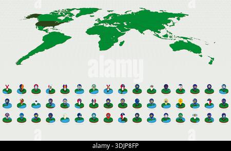 Mappe di stato degli Stati Uniti in ordine alfabetico, disegno arrotondato isometrico con flag. Mappe isometriche arrotondate. Illustrazione Vettoriale