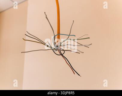 Un cavo elettrico tagliato in isolamento arancione con numerosi fili unipolari in rame appesi al soffitto. Foto Stock