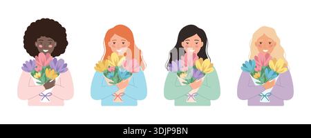 Set di 4 diverse donne con mazzi di fiori. Illustrazione vettoriale piatta per la festa delle donne Illustrazione Vettoriale