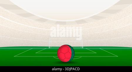Stadio di calcio bengalese con pallone da calcio National Flag. Una vivace illustrazione di un campo da calcio all'interno di uno stadio moderno. Illustrazione Vettoriale