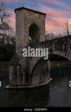 Ponte rotto de la Légende o Ponte della leggenda con torre ponte levatoio sul fiume Gare d'Oloron a Sauveterre-de-Béarn, Nouvelle-Aquitaine, Francia. Ricorda il «giudizio divino» su Sancie, nobildonna medievale accusata di infanticidio, gettata nel fiume dal ponte precedente legato mani e piedi. E' sopravvissuta, innocente di aver ucciso il suo bambino appena nato. Il resto di questo ponte è stato spazzato via nell'inondazione del 1732. Foto Stock