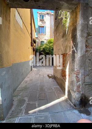 Vicolo stretto e illuminato dal sole nella storica Venezia, Italia, incorniciato da un arco di pietra intemprata, che conduce verso vecchi edifici residenziali con persiane verdi, cli Foto Stock