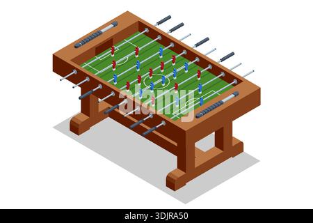 Classico tavolo da calcio isometrico in legno. Calcio da tavolo dettagliato con giocatori rossi e blu su un campo verde isolato sul bianco. Attrezzatura sportiva da tavolo per Illustrazione Vettoriale