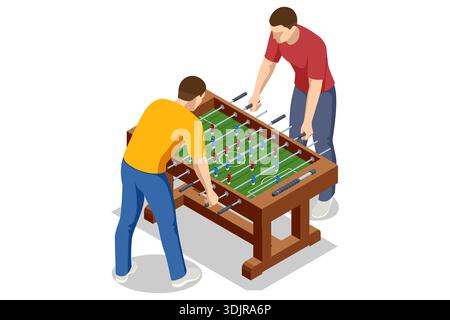 Classico tavolo da calcio isometrico in legno. Calcio da tavolo dettagliato con giocatori rossi e blu su un campo verde isolato sul bianco. Attrezzatura sportiva da tavolo per Illustrazione Vettoriale