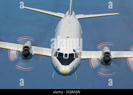 Lockheed P-3C Orion, 6001/285E-5737 della Marina tedesca, in vista aria-aria durante la Royal Navy International Air Day. Velivolo turboelica ad ala alta quadrimotore con motori Allison T56-A-14, radar, rilevatore di anomalie magnetiche, lanciatori sonoboo e avionica avanzata per pattuglia marittima, guerra anti-sottomarino e operazioni di ricognizione. Foto Stock