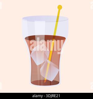 Bicchiere di cocktail con cubetti di ghiaccio e agitatore giallo su sfondo chiaro Illustrazione Vettoriale