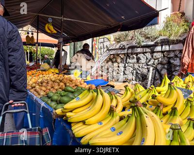 Mercato di via Kallidromiou, Atene, Grecia. Tradizionale mercato alimentare all'aperto (laiki agora) con banane gialle fresche, kiwi e avoc Foto Stock